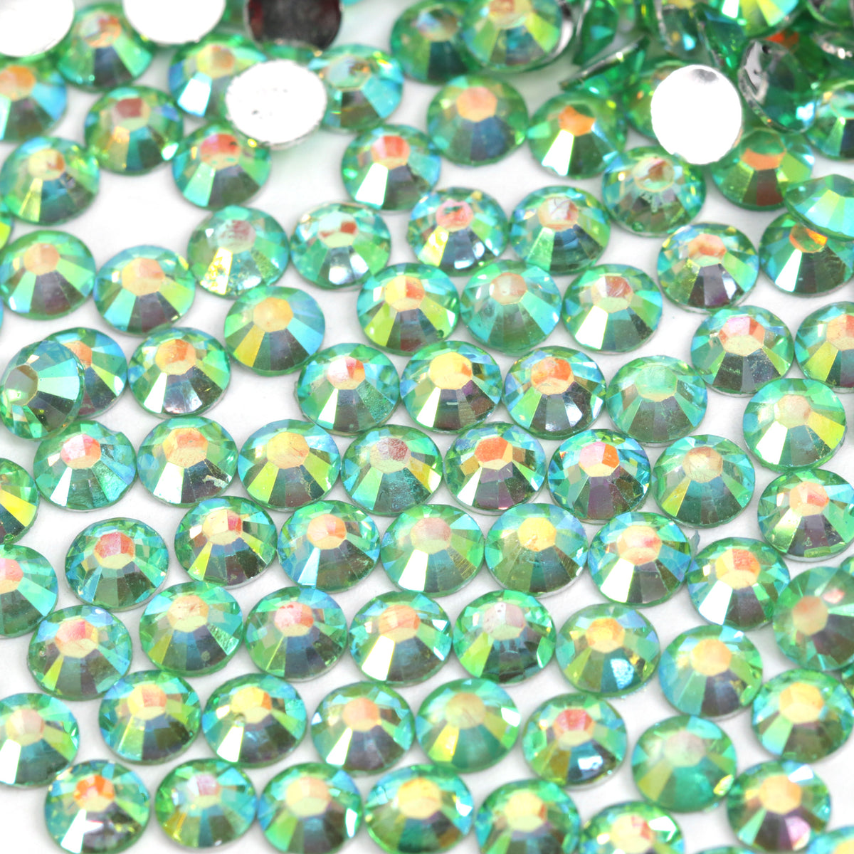 A30 Foiled Green Flat Back AB Iridescent Rhinestone Face Gems in 2-6mm