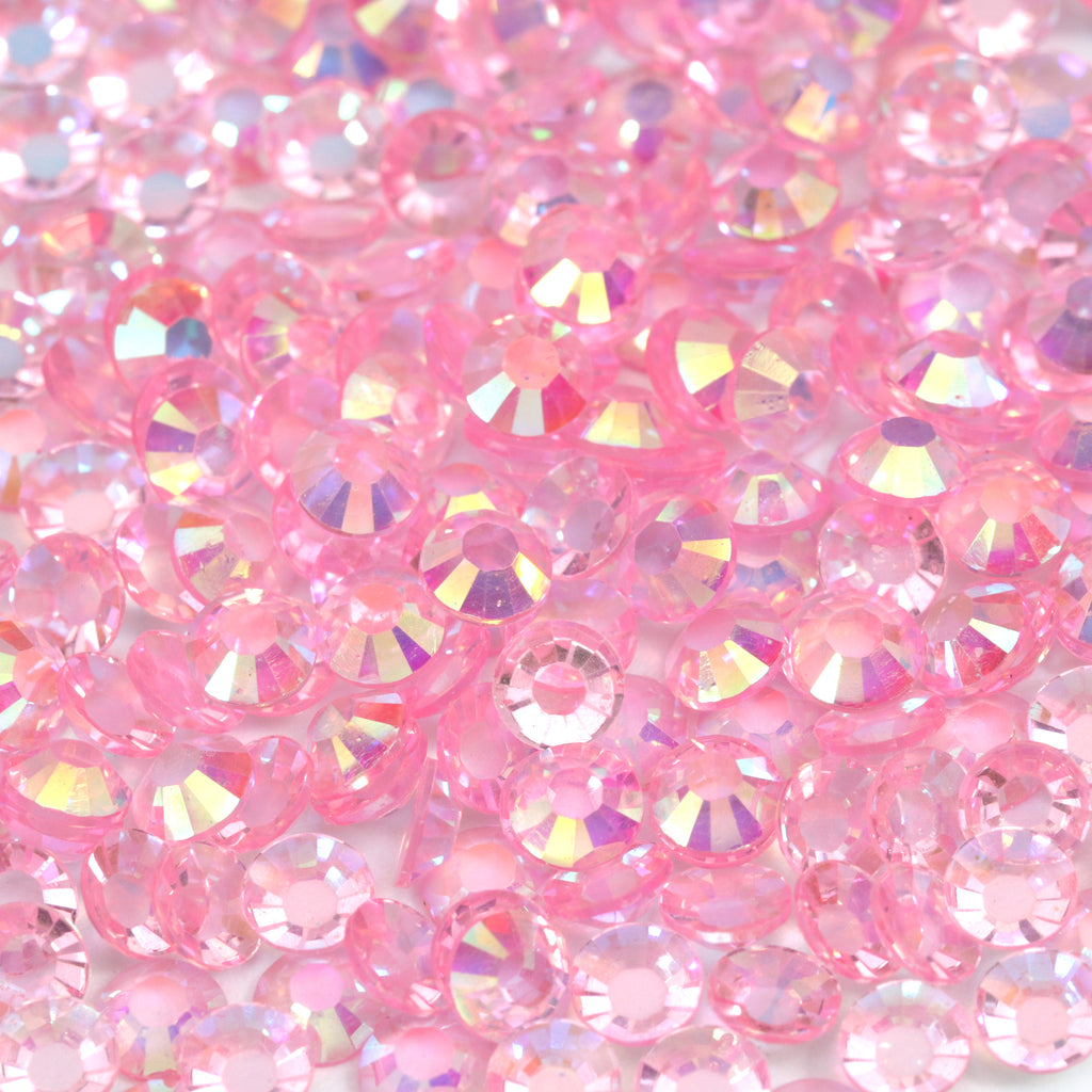 A35 Glassy Pink Flat Back AB Iridescent Rhinestone Face Gems in 2-6mm