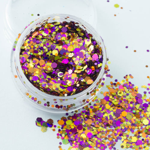 evol circus gold and purple chunky indian wedding face glitter mix