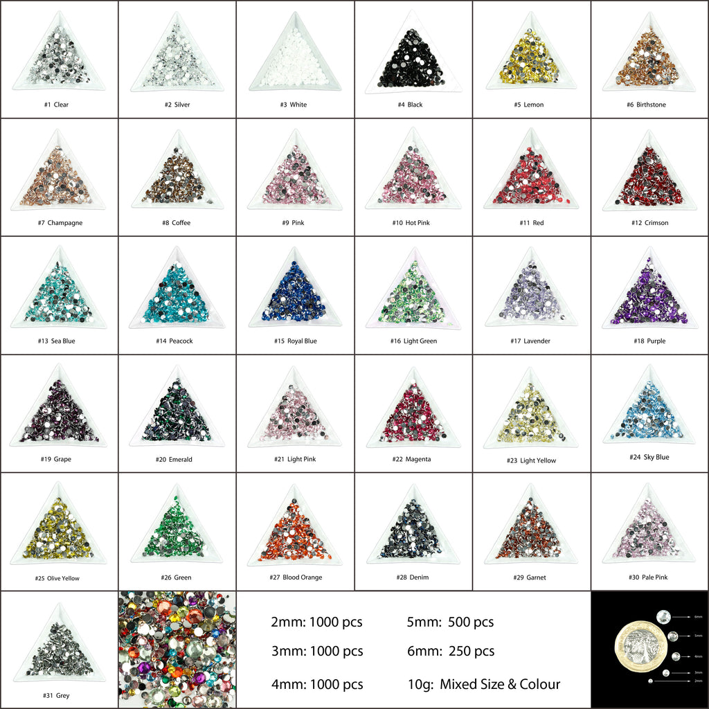#4 Solid Black - Bag of Flat Back Rhinestone Face Gems in Choice of 2,3,4,5, 6mm and 10g mixed Sizes