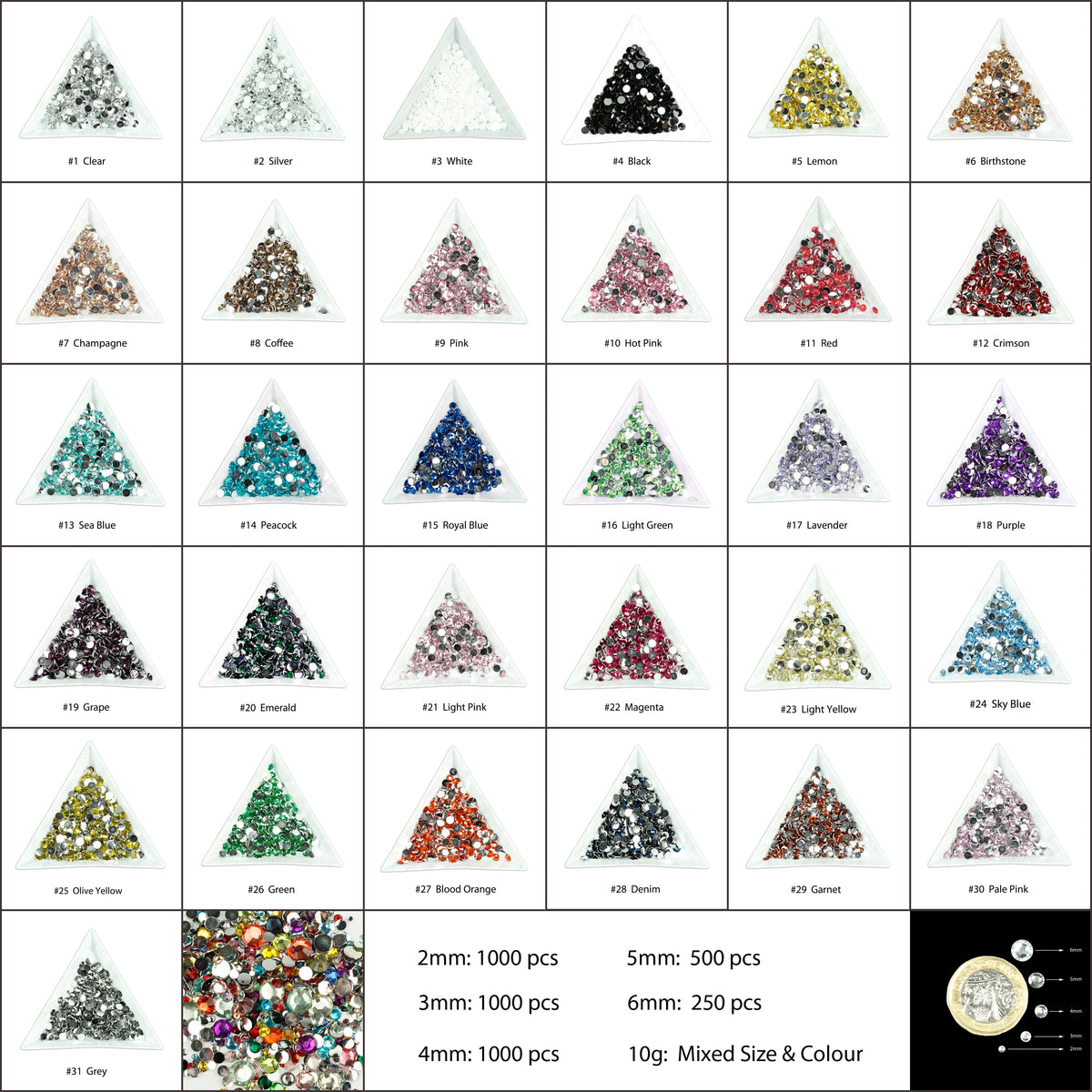 #31 Grey - Bag of Flat Back Rhinestone Face Gems in Choice of 2,3,4,5 or 6mm